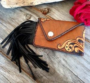 Hand Carved Small Leather Card Wallet/Holder with Fringe