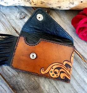 Hand Carved Small Leather Card Wallet/Holder with Fringe