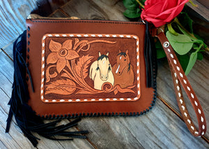 Western Style Hand Carved Fringed Clutch - The Buckskin and The Bay