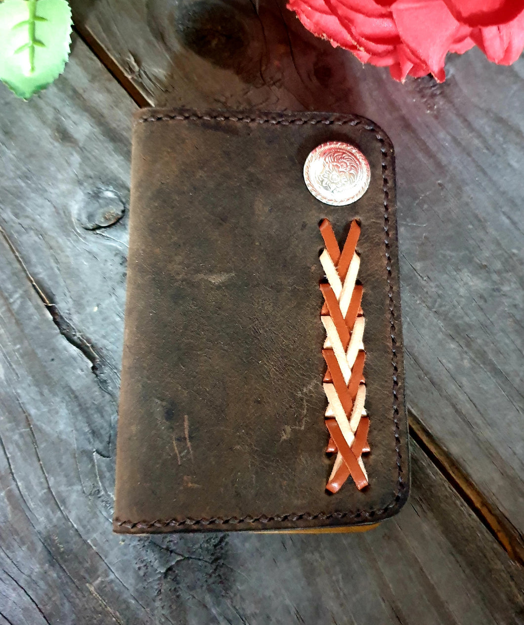 CRAZY HORSE GENUINE LEATHER LACED BI-FOLD WALLET with CONCHO