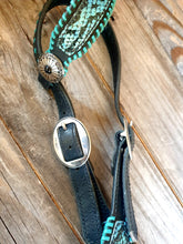 Load image into Gallery viewer, METALLIC SNAKE and TEAL LACED LEATHER HEADSTALL
