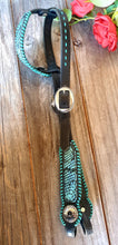 Load image into Gallery viewer, METALLIC SNAKE and TEAL LACED LEATHER HEADSTALL
