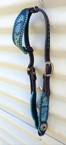 METALLIC SNAKE and TEAL LACED LEATHER HEADSTALL