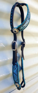 METALLIC SNAKE and TEAL LACED LEATHER HEADSTALL