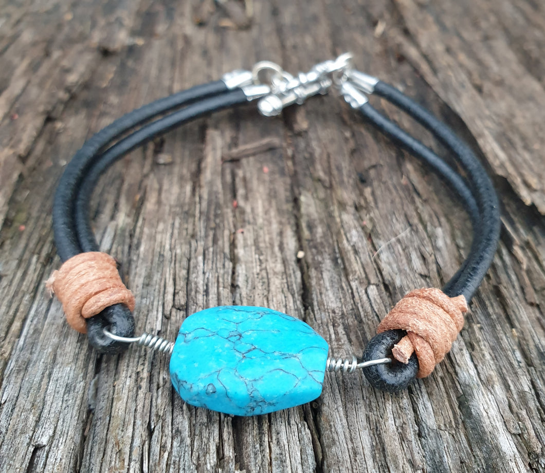 GENUINE LEATHER BRACELET with TURQUOISE NUGGET - 000222