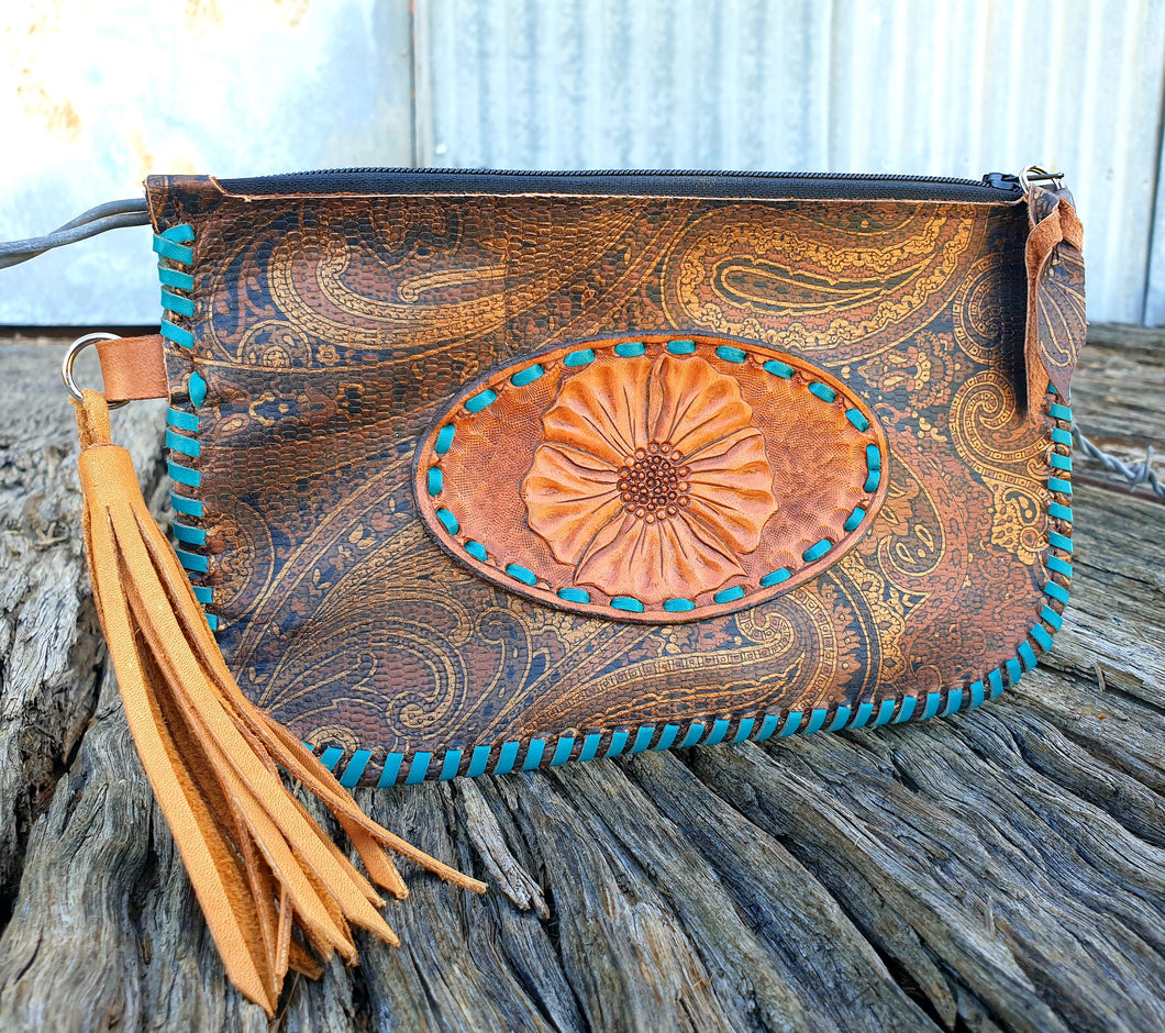 HAND TOOLED LACED CLUTCH